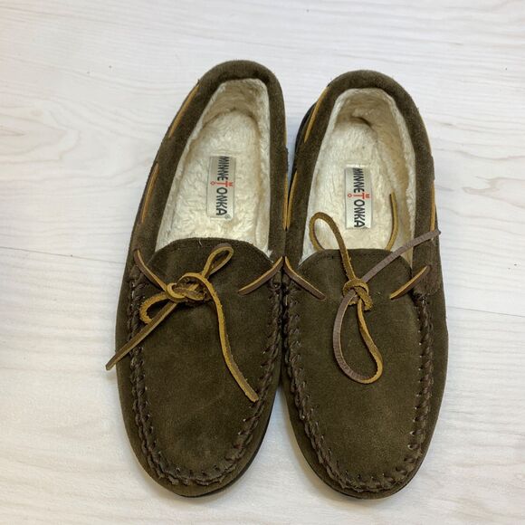 Minnetonka 3908 Men\'s Brown Leather Faux Fur Lined Slipper Moccasins Size 10 M main image 6